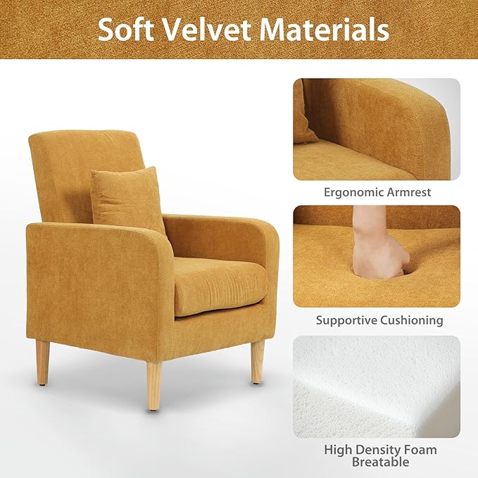 Upholstered Sofa Chair with Pillow Fabric Accent Armchair with Wooden Legs Comfy Lounge Chair for Living Room Bedroom or Office Supports up to 300 lbs (Yellow)
