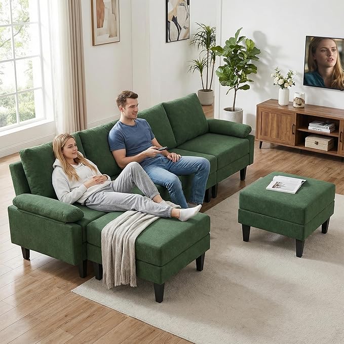 4-Seat U-Shaped Modular Sofa with Double Storage Ottoman - Space-Saving Convertible Lounge Couch for Home &amp Office Green