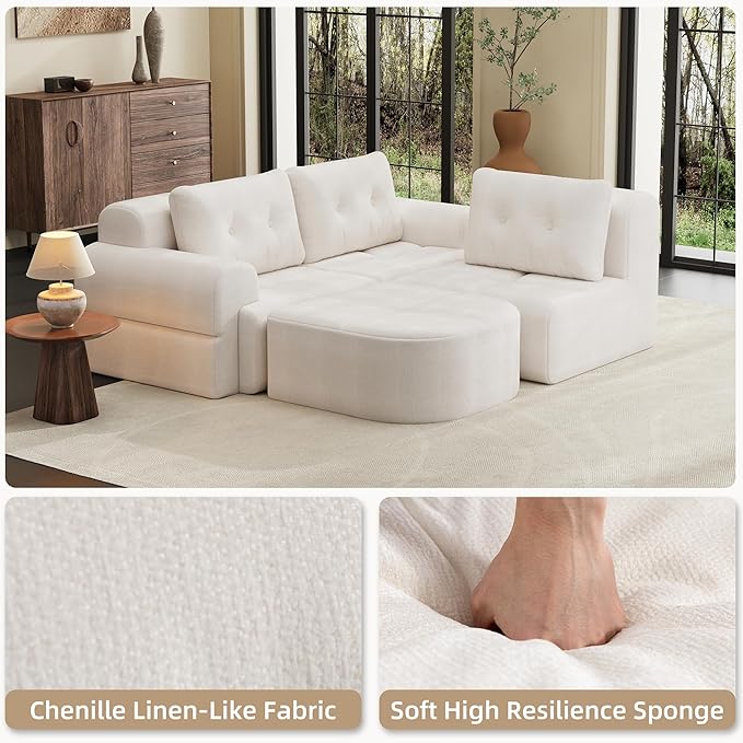 Boneless L-Shaped Modular Couch - 110 Inch Cloud Chenille Compression Sectional SofaNo Assembly Required Ideal for Apartments &amp Living RoomsBeige White