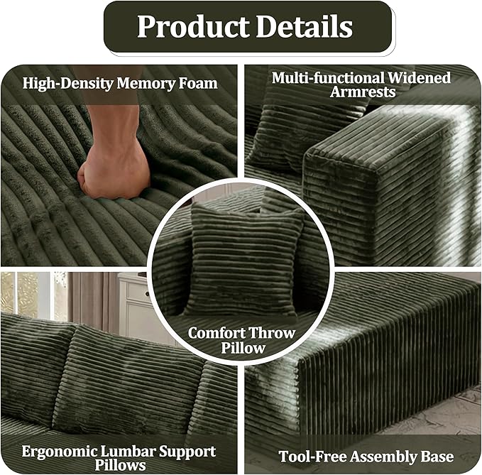 108'' L-Shaped Cloud Modular Sectional Sofa Modern Corduroy Memory Foam Couch with Right Facing Chaise Lounge Upholstered Boneless Deep Seat Fluffy Sofa No Assembly Needed for Home Olive Green