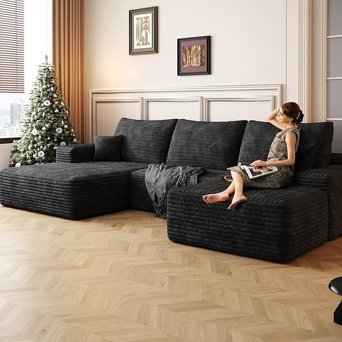Oversized Corduroy Sectional Boneless Couch 108 W U Shaped Modular Sectional Sofa with Chaise/Ottoman No Assembly Required Compress Couches for Living Room (Black 3 seater+Ottoman+Left Chaise)