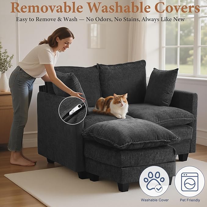 50 Loveseat Sofa with Ottoman| Chenille L Shape Love Seat Couch with 2 Pillows | 27.16 Deep Seat for Small Spaces Bedroom Dorm Apartment | Black