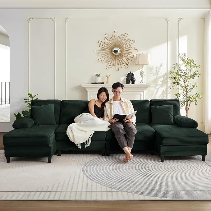 PUREMIND Sectional Couches for Living Room U Shaped Sectional Sofa with Double Chaise Lounge and Sleepable Armrests Corduroy 4 Seater Sectional Sofa Living Room Furniture