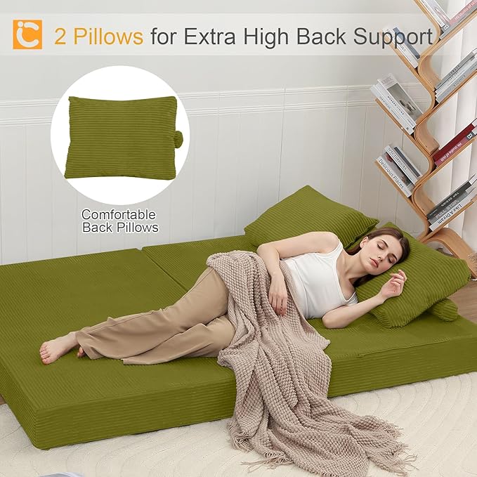 COMAX Convertible Sofa Bed Folding Floor Couch Corduroy Fold Out Couch Bed Futon Sleeper Mattress with Pillows Boneless Sofa Comfy Lounge Loveseat for Living Room Bedroom Light Green