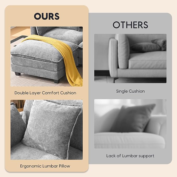 Modern 102 L Shaped Sectional Sofa Cloud Couch Comfy Chenille Modern Modular Sleeper Sofa Upholstery Sofa with Ottoman &amp Memory Foam for Living Room Grey