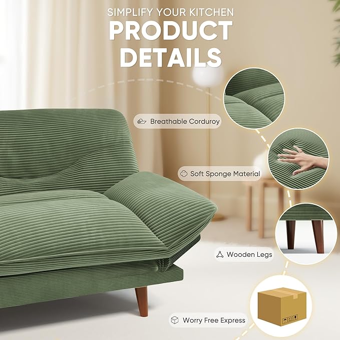 JUMMICO Convertible Futon Sofa Bed Sleeper Futon Couch with Adjustable Backrest and Armrests Modern Loveseat with Sturdy Wood Frame for Small Spaces Apartments (Corduroy Green)