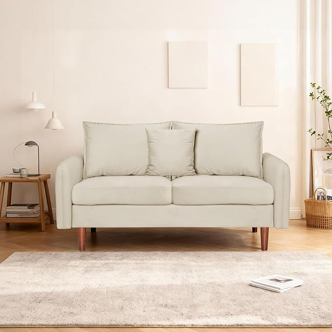 56.1 Round Arm Velvet Loveseat with Side Pockets and a Square Pillow (Beige) | Side Storage Pockets Pillow Included