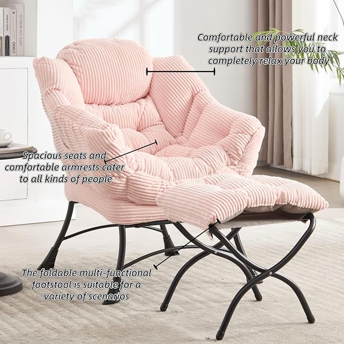 Modern Lazy Chair with Ergonomic Ottoman Comfortable Lounge Chair with Footrest for Space Saving Comfy Reading Armchair for Living Room Bedroom Office Pink