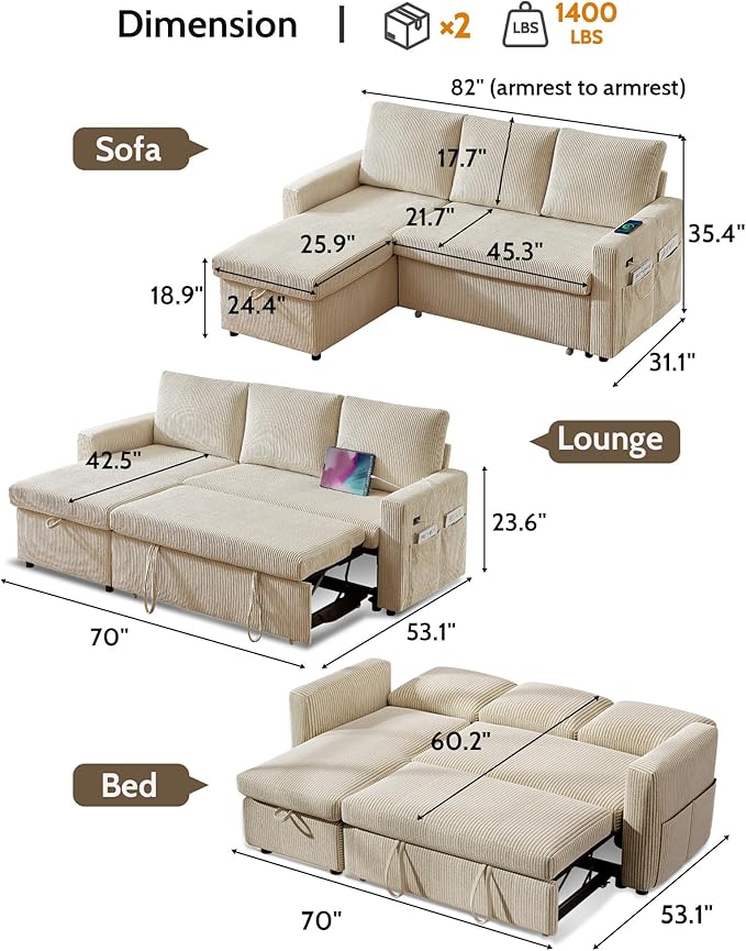 WEUP 82 L Shaped Sectional Sleeper Sofa Bed with Pull Out Bed Sectional Sleeper Couch Pull Out Couch with Reclining Backrest/Reversible Storage Chaise/USB Ports/Tool-Free Assembly Corduroy Beige