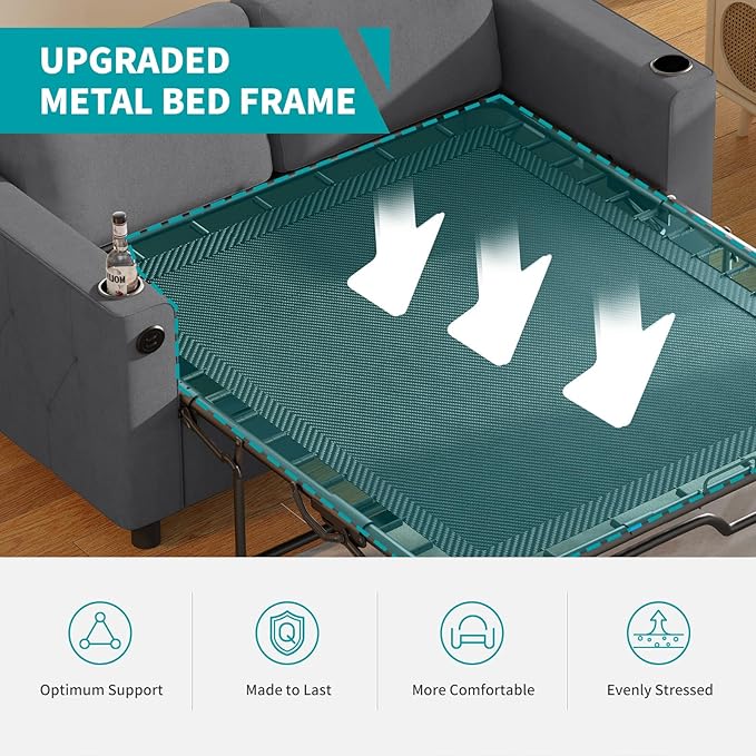 BALUS Pull Out Sofa Bed Full Size Sleeper Sofa with Inbuilt Cup Holder &amp USB Ports 2-in-1 Convertible Pullout Couch with Memory Foam Mattress for Living Room Home Office Dark Grey