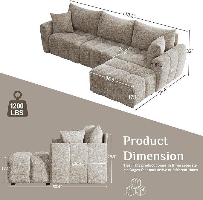 110 L Shaped Modern Boucle Sofa Modular Sectional Cloud Couch with Ottoman Tufted 4-Seat Deep Seat Sofa with Pillows for Living Room Bedroom and Apartment Light Brown