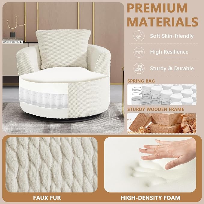mikibama Swivel Accent Chair 360° Round Swivel Barrel Chair with Pillows Upholstered Corduroy Armchair Sofa Chair for Living Room Bedroom Reading Room Cream