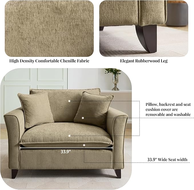 Oversized Accent Chair Chenille Fabric Armchair with Pillow Comfy Single Sofa with 46.3 Wide Seat Cushion Rubberwood Legs Elegant Ruffled Armrests Lounge Chair for Living Room Office