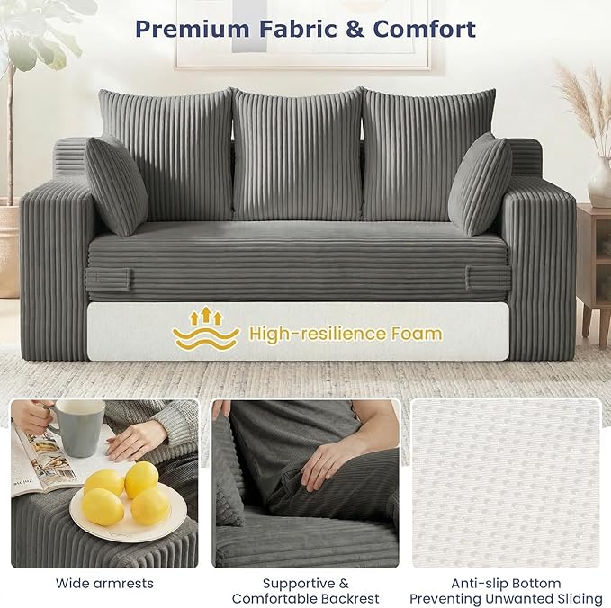Boneless Couch for Living Room 3 Seater Convertible Futon Sofa Bed Comfy Pull Out Couch with 5 Pillows &amp Detachable Washable Cover Upholstered Floor Sofa in A Box No Assembly Required Grey