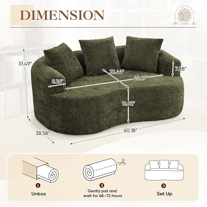 60 Curved Sectional Sofa for Small Spaces - Plush Chenille Modern Cloud Loveseat with Pocket Springs &amp Memory Foam Boneless Floor Couch for Living Room 27.6 Extra Deep Seat No Assembly (Green