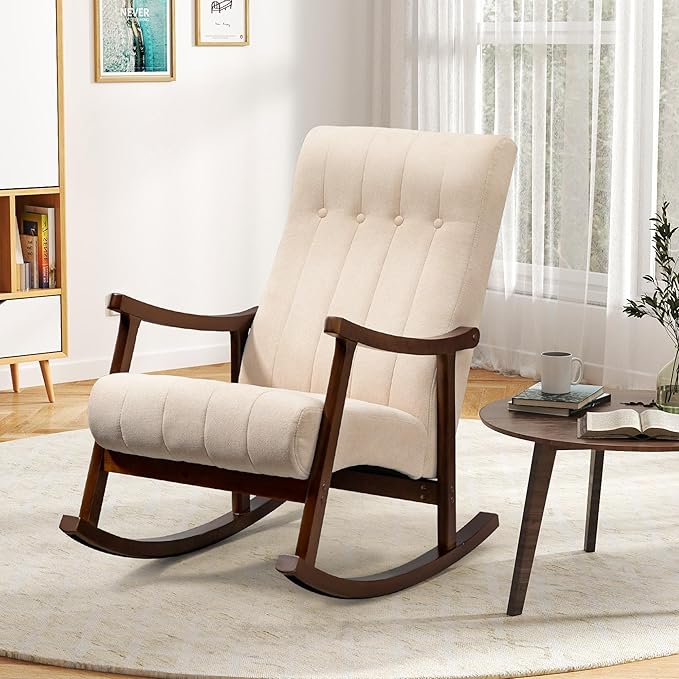 AVAWING Upholstered Rocking Chair with Fabric Padded Seat Comfortable Rocker Solid Wood for Living Room Modern High Back Armchair for Adult Beige