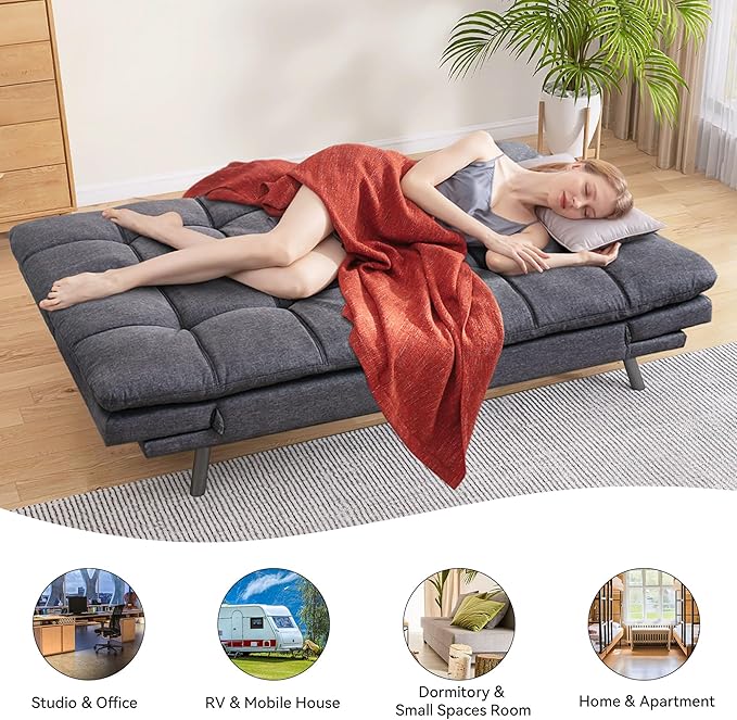 71 Convertible Futon Sofa BedLinen Fabric Futon Couch BedMemory Foam Sleeper SofaModern Folding Small Loveseat for Living RoomOfficeApartmentRetro Grey