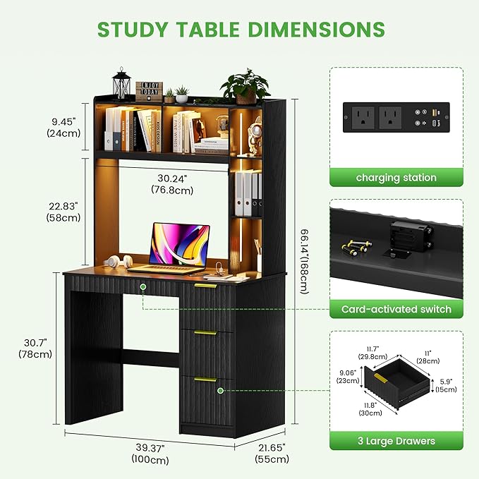 HNEBC Home Office Desk with Hutch and Drawers - 39 Standing Computer Desk with Charging Station&amp3 Color LightsHidden Compartment &amp Fluted Panel Design LED Writing Desk for Bedroom Study (B