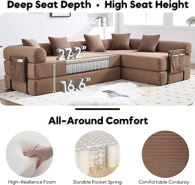 106.3 Oversized L Shaped Convertible Sleeper Sofa Bed Corduroy Modular Folding Sectional Sofa with Cylindrical Pillow &amp Storage Bags Modern Floor Mattress Couch for Living Room Brown