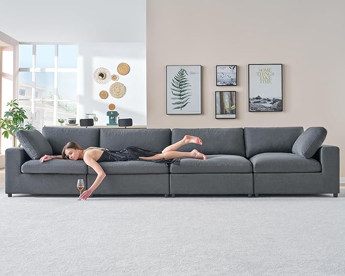 PaPaJet Modular Sectional Couch 76 Inches Oversized Down Filling Sofa 3 Seater L Shaped Cloud Couch with Chaise Ottoman Comfy Couch for Living Room Apartment Grey Linen Sofa Set