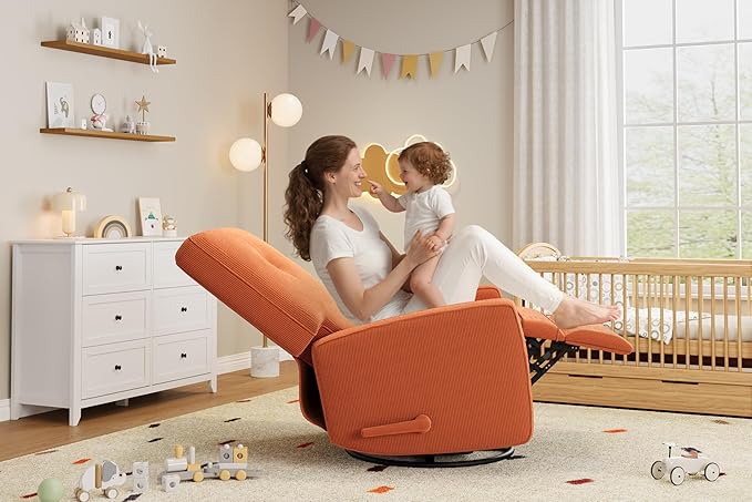 Recliner Chair 360° Swivel Rocking Glider Chair for Adults with Adjustable Backrest &amp Footrest Cozy Corduroy Upholstered Armchair for Living Rooms Bedrooms Apartments Orange