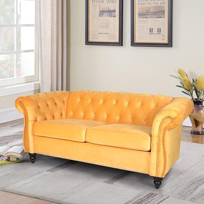 LEVNARY Velvet Sofa Chesterfield Tufted Upholstered 2 Seater Couch Modern Loveseat Couch Classic Furniture for Living Room Bedroom (Yellow)