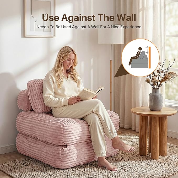 Boneless Chair Folding Sofa Bed with Pillow Sleeper Sofa with Back Support Sleeper Chair Portable Fold Out Chair Bed Comfy Foldable Mattress for Living Room Pink Single