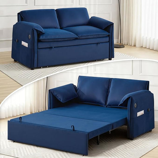 63 Velvet 3 in 1 Convertible Sleeper Sofa Bed Pull Out Couch Bed Loveseat with Adjustable Backrest Chaise Lounge USB Port &amp Side Pocket Modern Sofa for Living Room Small Spaces Blue
