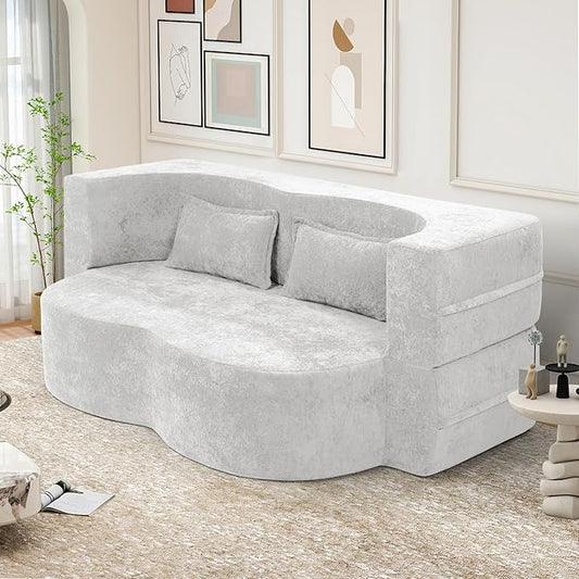 78 Convertible Sofa Bed with Pillows Queen Sleeper SofaFoam Folding Mattress Sleeper Modern Teddy Fabric Floor Cushion and Futon Chaise Lounge SofaFor ApartmentsGuest RoomsGuest UseCondoBeige