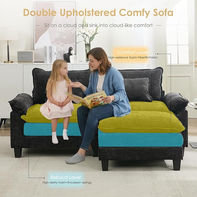 URRED Cloud Couch Modular Sectional Sofa 87 Modern L Shaped Deep Seat Sofa with Ottoman &amp Pillows Ultra Comfy Chenille Couches for Living Room Bedroom or Apartment Black