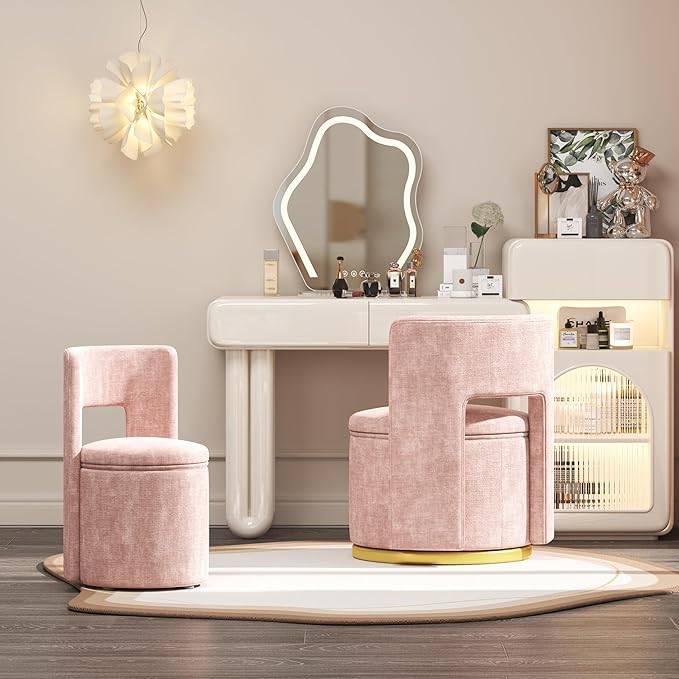 360° Round Swivel Chair with Storage Under Seat Comfy Chair for Living Room Bedroom Reading Room (Pink)