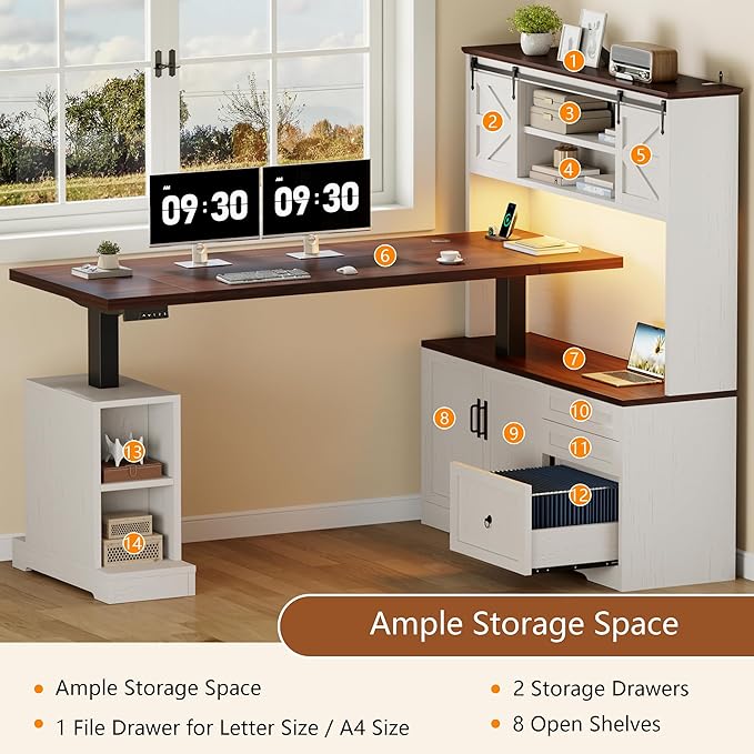 Farmhouse L Shaped Desk with Electric Height Adjustable 70.86 LED Gaming Desk w/Power Outlet Home Office Desk w/Storage Cabinet &amp Sliding Door Executive Desk w/File Drawer White &amp Brown
