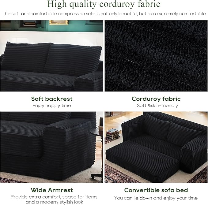 70 Convertible 2-in-1 Loveseat Sofa Sleeper Sofa Bed with Memory Foam &amp Floor 2-Seater Couch Comfy Corduroy Deep Seat Couch for Living Room Apartments Office No Assembly RequiredBlack
