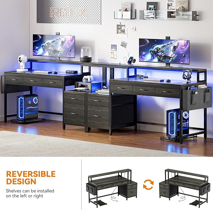 REAHOME 61 Inch Gaming Desk with Charging Station and LED Lights Reversible Computer Desk with Storage Drawer and Monitor Stand Modern Desk Table with File Cabinet &amp Side Pocket Grey Oak