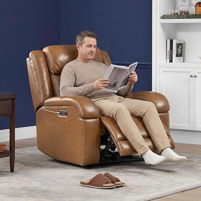 Watson &amp Whitely Genuine Leather Power Recliner Chairs for Adults Wall Hugger RV Recliner with Power Headrest &amp Charging Ports Electric Recliner Sofa Chair for Living Room Saddle Brown