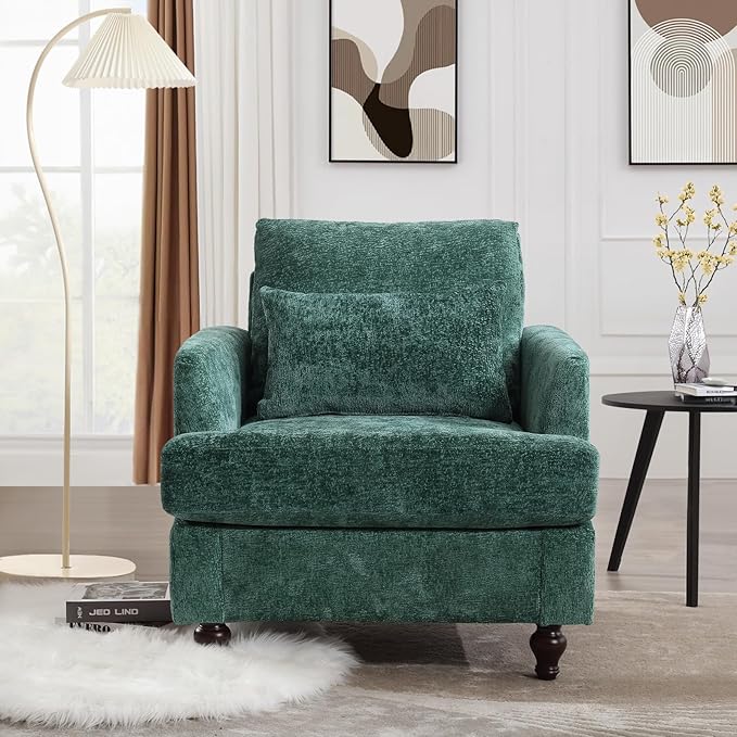 KINFFICT Modern Accent Chair for Living Room Upholstered Single Sofa Chair with Lumbar Pillow Comfy Armchair with Thickened Cushion Living Room Chairs for Bedroom Office Emerald Chenille