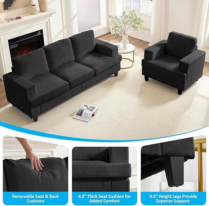 Mjkone 2 Piece Living Room Sofa Set 3 Seater Sectional Sofa Couch and Chair Sets 82 Width Chenille Sectional Couch Furniture Sets Modular Sofas Couches for Living Room Home Office Dark Grey