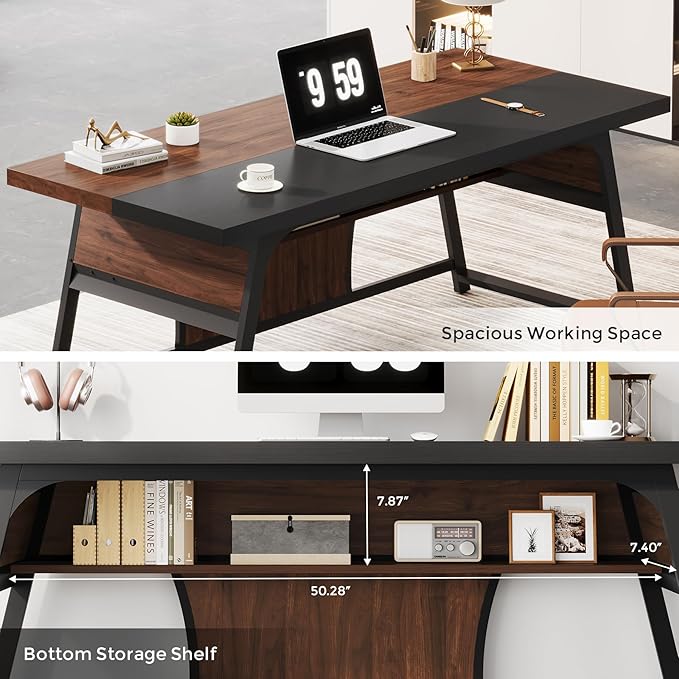 63-inch Executive Desk with Storage Shelf Large Home Office Desk with Metal Frame &amp LED Light Long Computer Desks for Home Office Walnut and Black