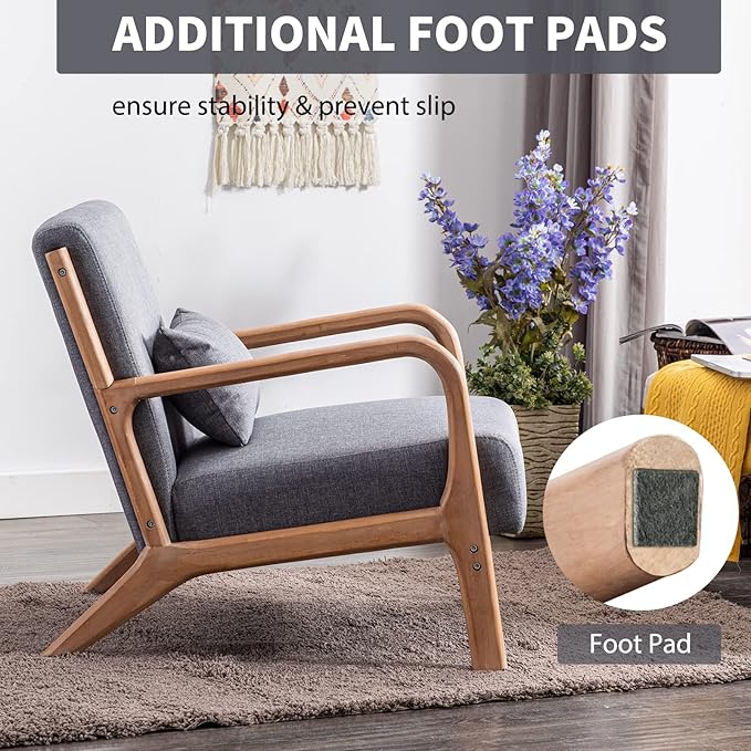 ANJ Mid Century Modern Accent Chair Single Fabric Lounge Reading Armchair with Solid Wood Frame Easy Assembly Arm Chairs for Living Room Grey