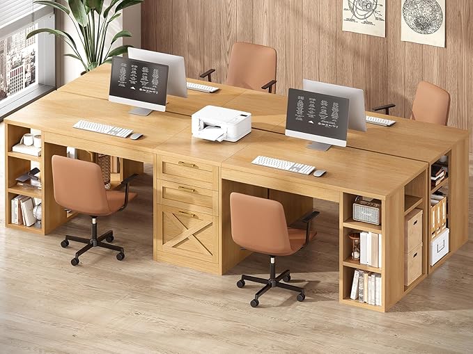 SEDETA Farmhouse 96.5 Computer Desk with Drawers 2 Person Home Office Desk Gaming Double Desk with Storage Shelves Long Two Person Writing Desk Oak
