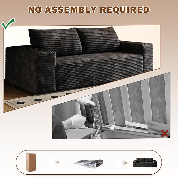 71 W Corduroy Boneless Couch 3-Seater Compression Sofa with Deep Seat No Assembly Required Comfy Loveseat Sofa with 2 Pillows Sofa Couches for Living Room/Apartment (Black 71 inch) | Breathable