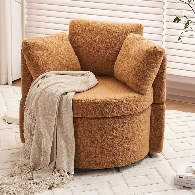 Teddy Fabric Swivel Storage Chair with Back Cushion Khaki 360° Swivel for Living Room
