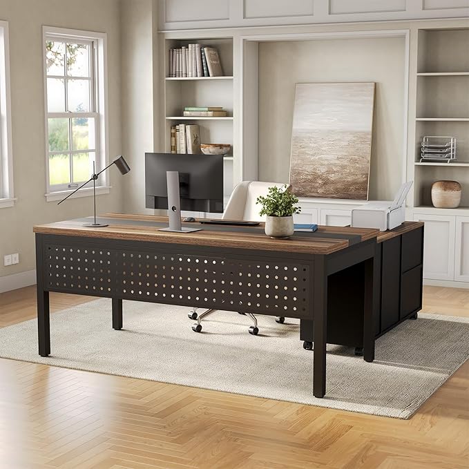 LITTLE TREE 70.8 Executive Desk with Lateral File Cabinet Modern Thickened Wooden Workstation L-Shaped Computer Desk Large Home Office Writing Desk for Home Office