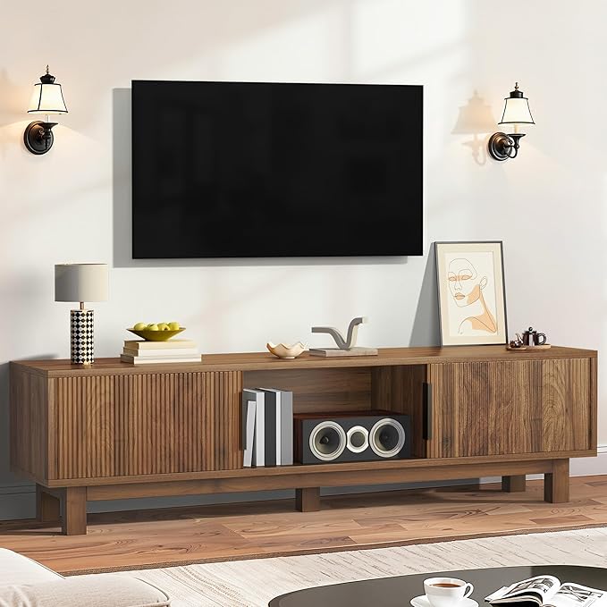 DWVO Fluted TV Stands for Living Room Entertainment Center for TVs up to 65 Inch Mid Century Modern Media Console with Power Outlets &amp Storage Compartments 59 Long TV Cabinet Walnut