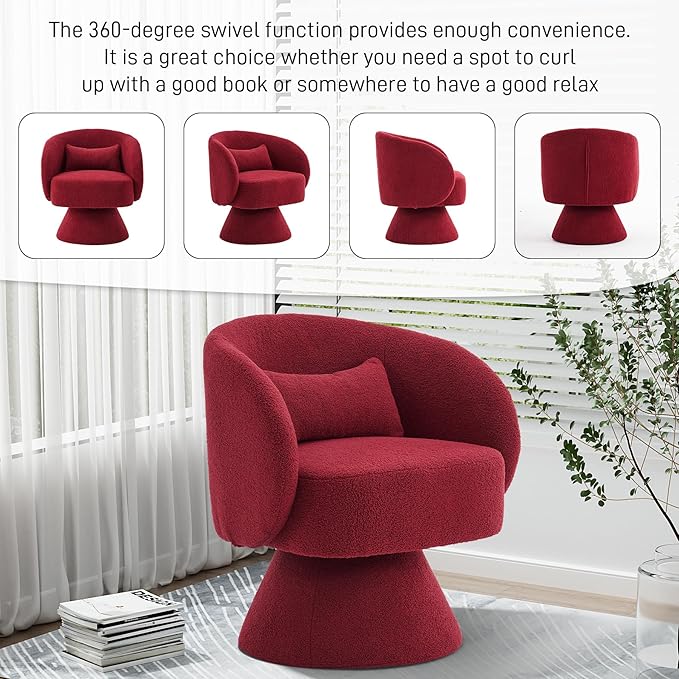 Swivel Barrel Chair Set of 2 Upholstered Swivel Cuddle Accent Chairs for Living Room Comfy 360°Small Round Boucle Sherpa Barrel Armchair for Bedroom Nursery (Red Teddy)