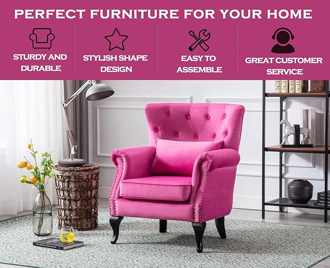 Kmax Velvet Tufted Accent Chair Mid Century Throne Chair Comfy Sofa Chair Padded Seating WingBack Unique Wood Legs Home Club Bedroom Living Room Rose