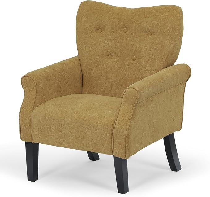 Athena Collection Mid Century Accent Chair Upholstered Modern Comfy Armchair Single Sofa Elegant Vanity Chair Reading Chair with High Back and Solid Wood Legs for Bedroom Living Room Dark Yellow