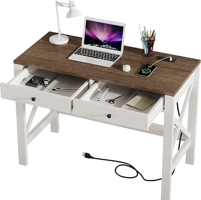 ChooChoo Computer Desk with USB Charging Ports and Power Outlets Modern Simple 40 Inches Desk with Drawers Makeup Vanity Console Table Soft White