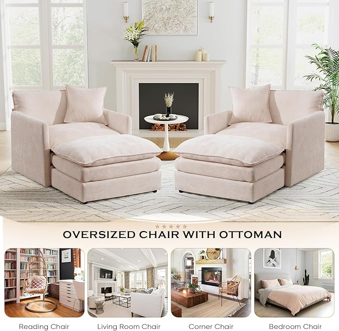Oversized Chaise Lounge Chair Indoor Modern Comfy Chenille Cloud Accent Chair and A Half with Ottoman Single Deep Seat Sofa Couch Reading Armchair for Living Room Bedroom Apartment Beige