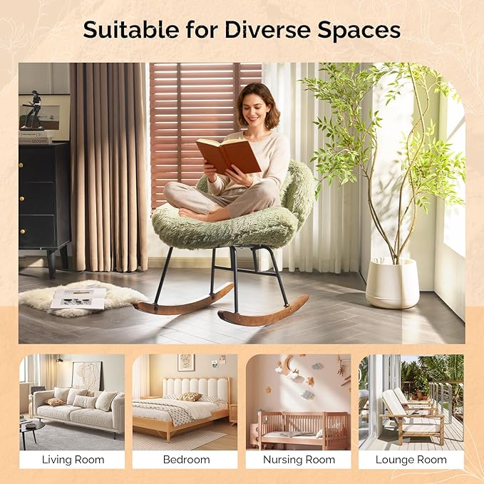 VINGLI 25.6 Extra Wide Nursery 115° Armless Rocking Chair Curved Cute Cross-Legged Glider Chair with Pillow &amp Solid Wood Nursing Chair for Bedroom Living Room Fluffy Fleece Grass Green